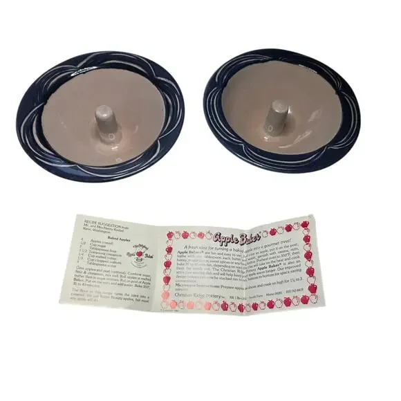 Christian Ridge Pottery Apple Baker Set of 2 Blue Stoneware w Recipe Card - Picture 7 of 9